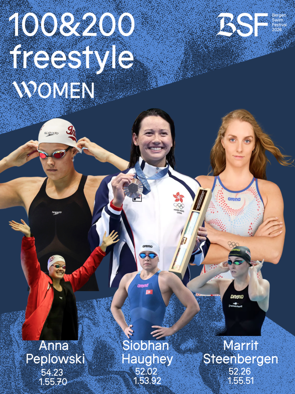 Plakat for 100 og 200 fri kvinner med Anna Peplowski, Siobhan Haughey og Marrit Steenbergen.